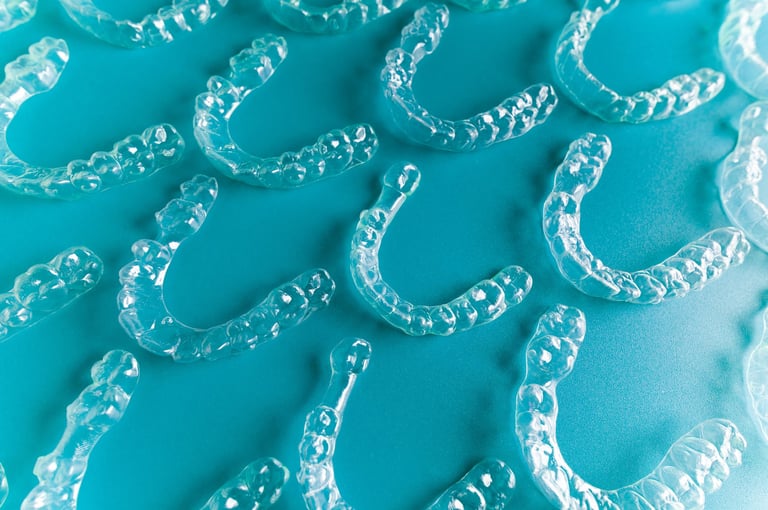 Dental background with many clear braces and aligners on colored background, modern dentistry technology