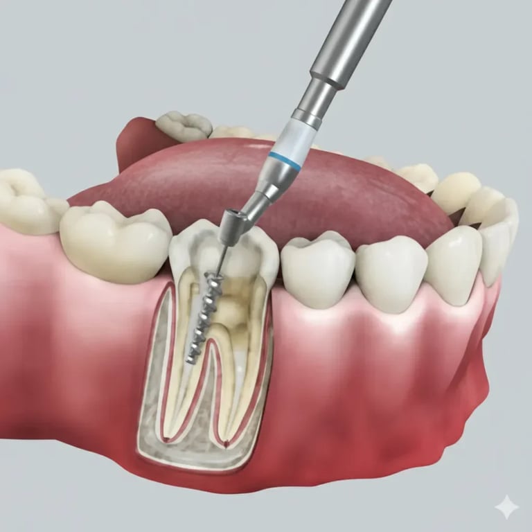 3D dental illustration showing root canal procedure