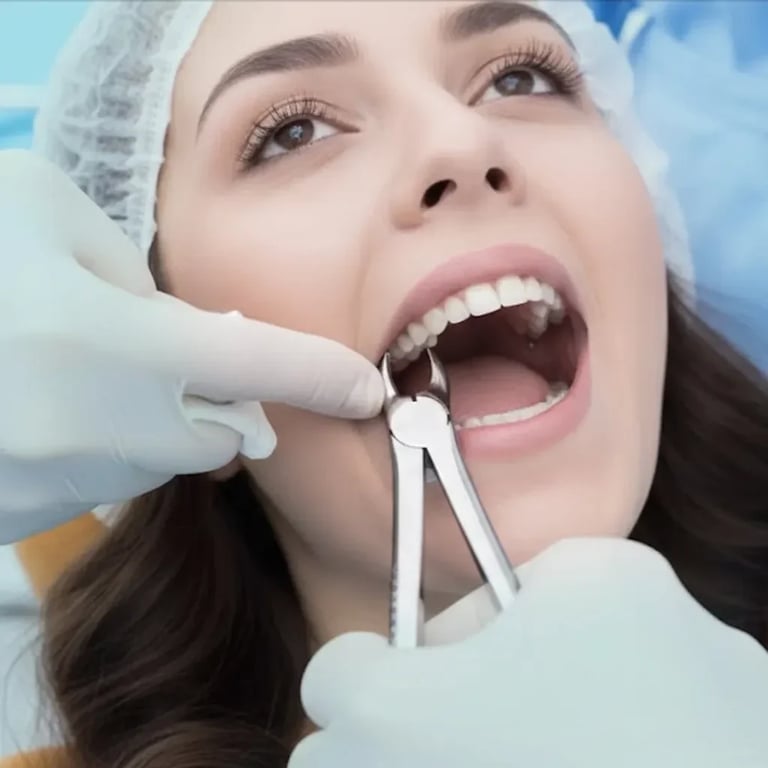 Dentist extracting tooth from patient wearing protective head covering during dental procedure